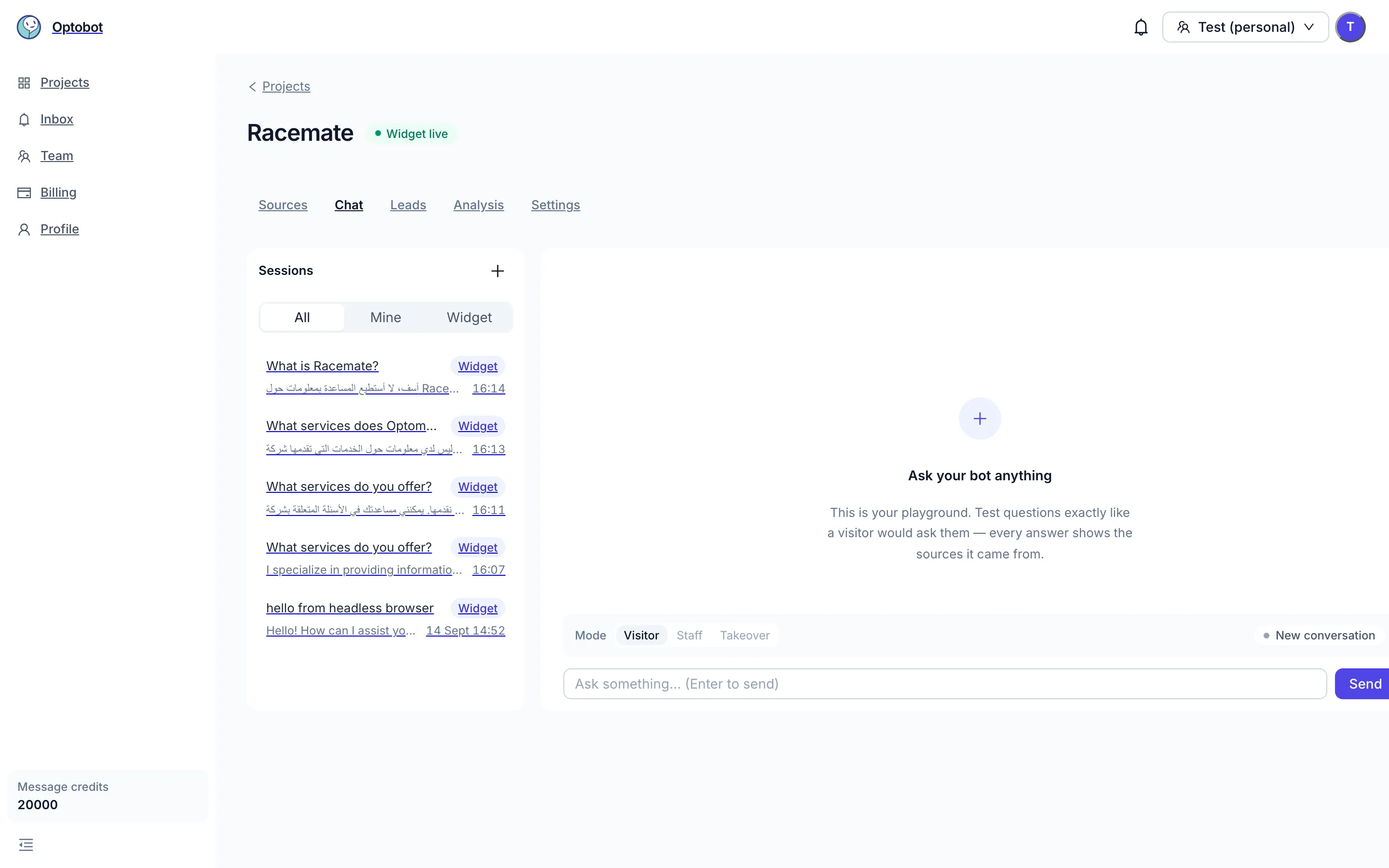 The OptoBot dashboard: a project’s chat sessions in Arabic and English beside the playground, where you test questions exactly like a visitor would